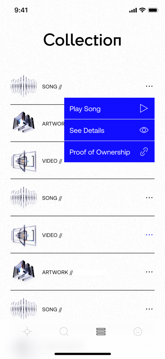 Screenshot of app showing music collection